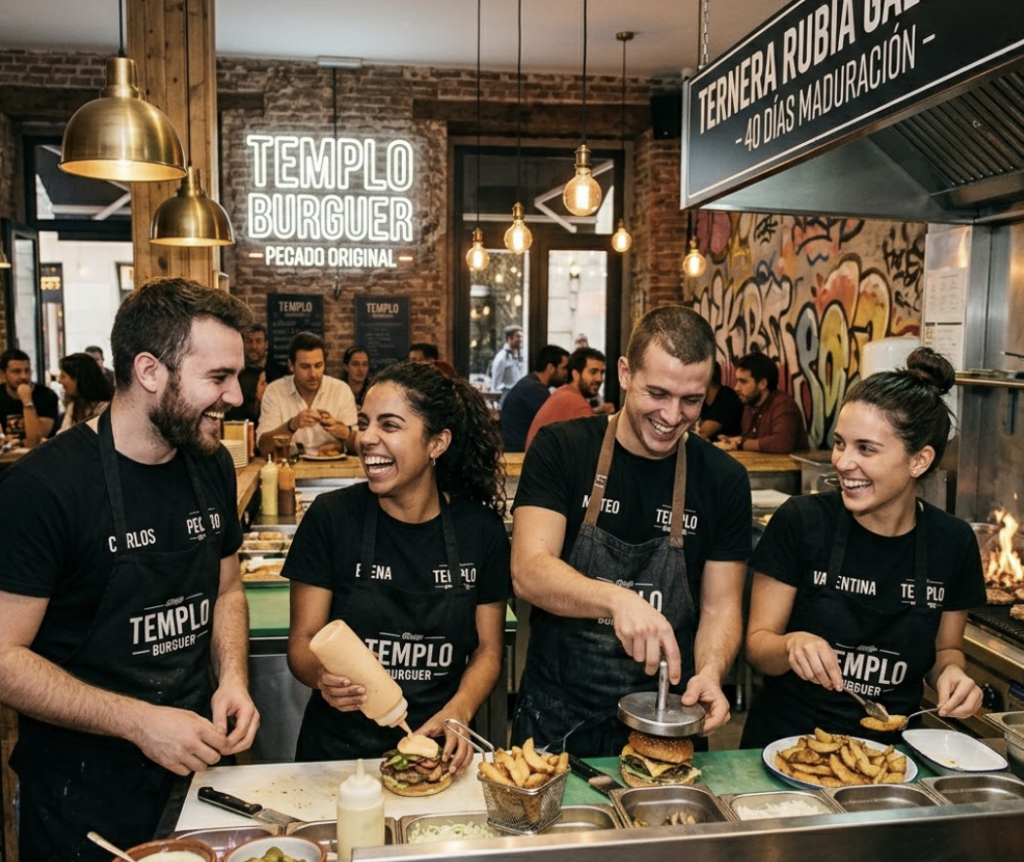 Cuatro miembros del equipo de cocina sonriendo y riendo mientras preparan hamburguesas y patatas fritas en la zona de pase del restaurante, vistiendo delantales negros con el logo del local.