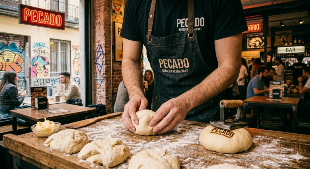 Primer plano de las manos de un panadero artesanal amasando y dando forma a bollos de pan brioche sobre una mesa de madera con harina.
