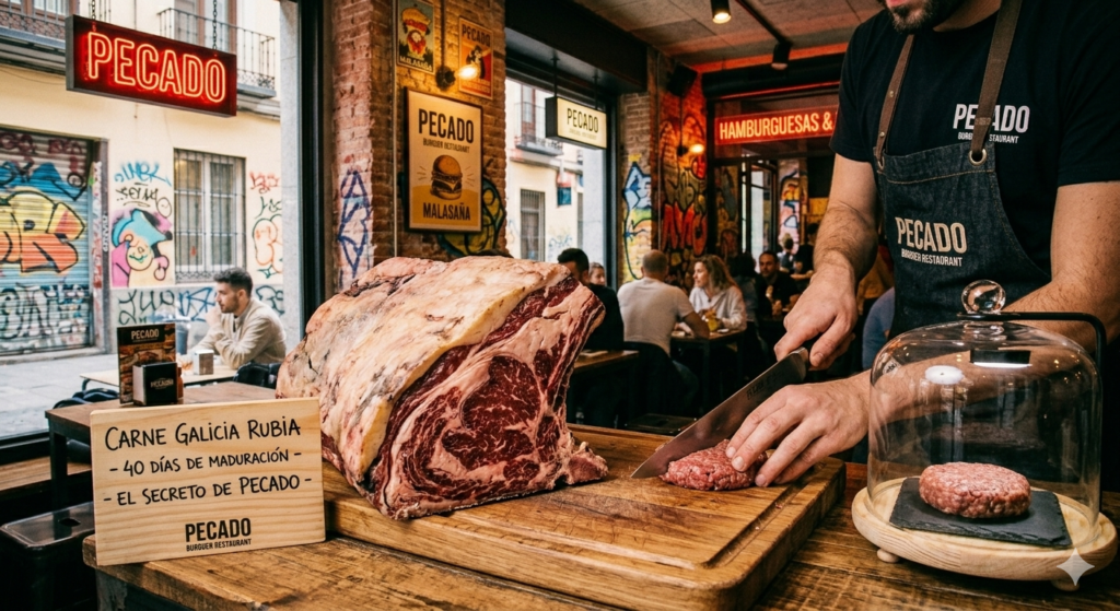 Un cocinero con delantal cortando carne picada para una hamburguesa sobre una mesa de madera, junto a una gran pieza de lomo de carne Rubia Gallega madurada y un cartel explicativo en el interior del restaurante Pecado.