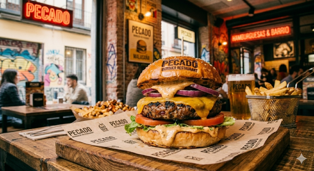 Hamburguesa completa de la casa sobre papel parafinado con el logotipo de Pecado en una tabla de madera, acompañada de patatas fritas y una bebida, con el interior y los carteles de neón del restaurante de fondo.