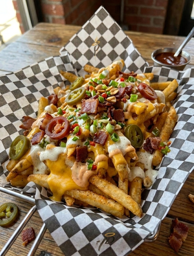 Plato de patatas fritas estilo Pecado servidas en una cesta con papel de cuadros, cubiertas con salsa ranchera, queso fundido, trozos de pollo, bacon crujiente, cebollino y rodajas de jalapeño.