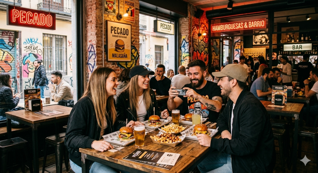 Un grupo de cuatro amigos sonriendo y compartiendo una comida con hamburguesas, patatas fritas y bebidas en una mesa de madera dentro del restaurante Pecado, con carteles de neón de fondo.