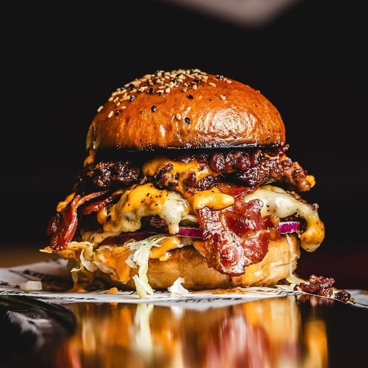 Hamburguesa gourmet con doble carne smash, abundante queso fundido, tiras de bacon crujiente, cebolla morada, lechuga y salsa especial en pan brioche con sésamo, colocada sobre papel con el logo del restaurante y fondo oscuro.