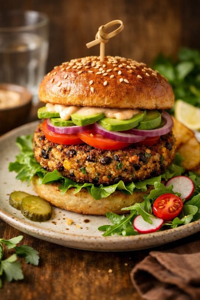 Hamburguesa vegetariana de quinoa y frijoles negros servida en plato con pan de sésamo tostado, láminas de aguacate fresco, cebolla morada, tomate y salsa, acompañada de una guarnición de ensalada de brotes y rábano.