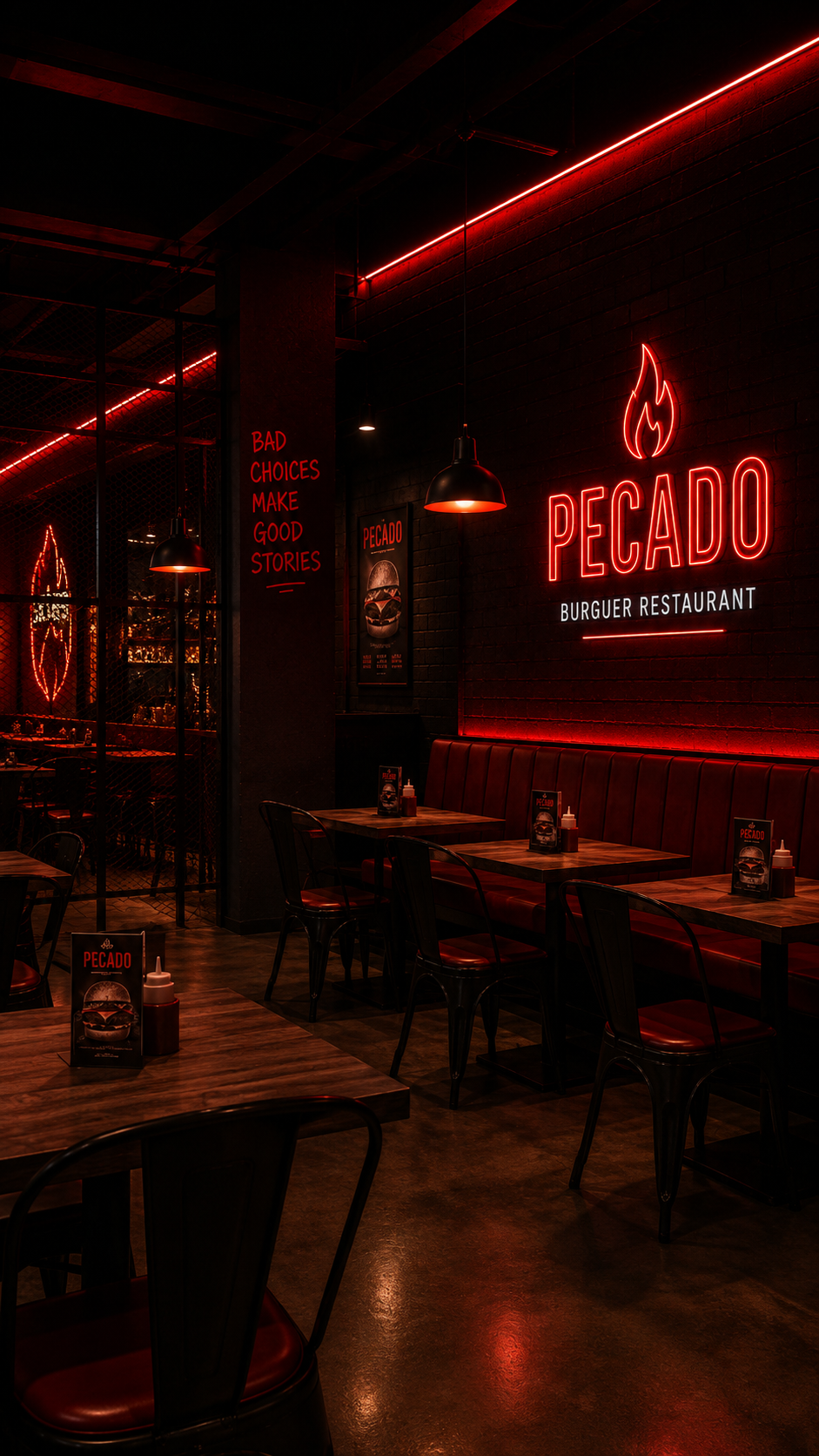 Vista interior del restaurante Pecado con mesas de madera, sillas metálicas negras y un gran cartel de neón rojo brillante con el logotipo en la pared de ladrillo oscuro.