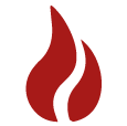 Icono de una llama de fuego estilizada de color rojo oscuro, utilizada como elemento gráfico distintivo e isotipo de la marca Pecado.