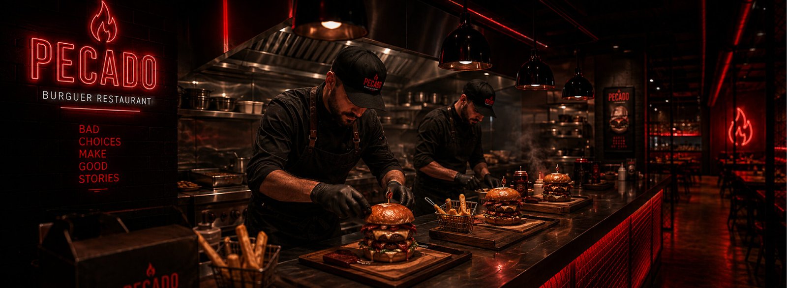 dos cocineros con uniforme negro, gorra y guantes preparando meticulosamente hamburguesas gourmet en una cocina profesional con iluminación de neón rojo del restaurante Pecado.