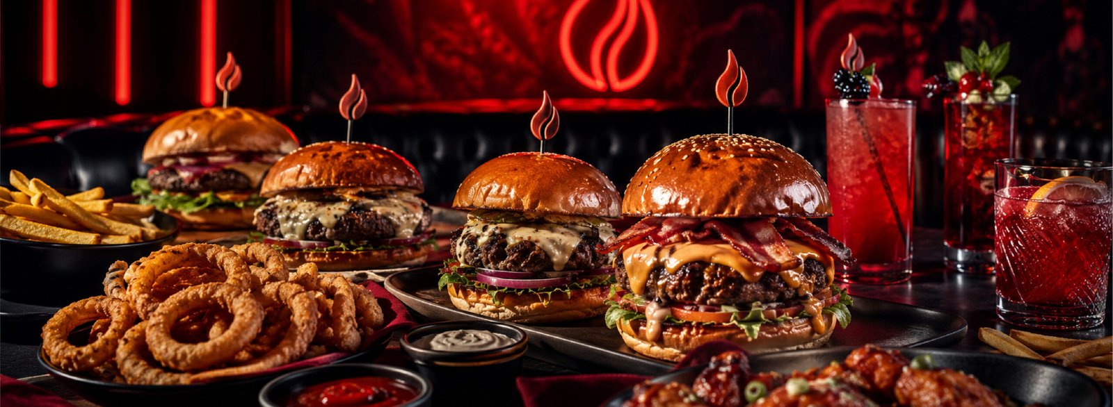 Banner panorámico que muestra una mesa llena con cuatro hamburguesas gourmet diferentes con palillos de llama, aros de cebolla crujientes, patatas fritas, salsas y cócteles rojos bajo luces de neón en un ambiente oscuro.