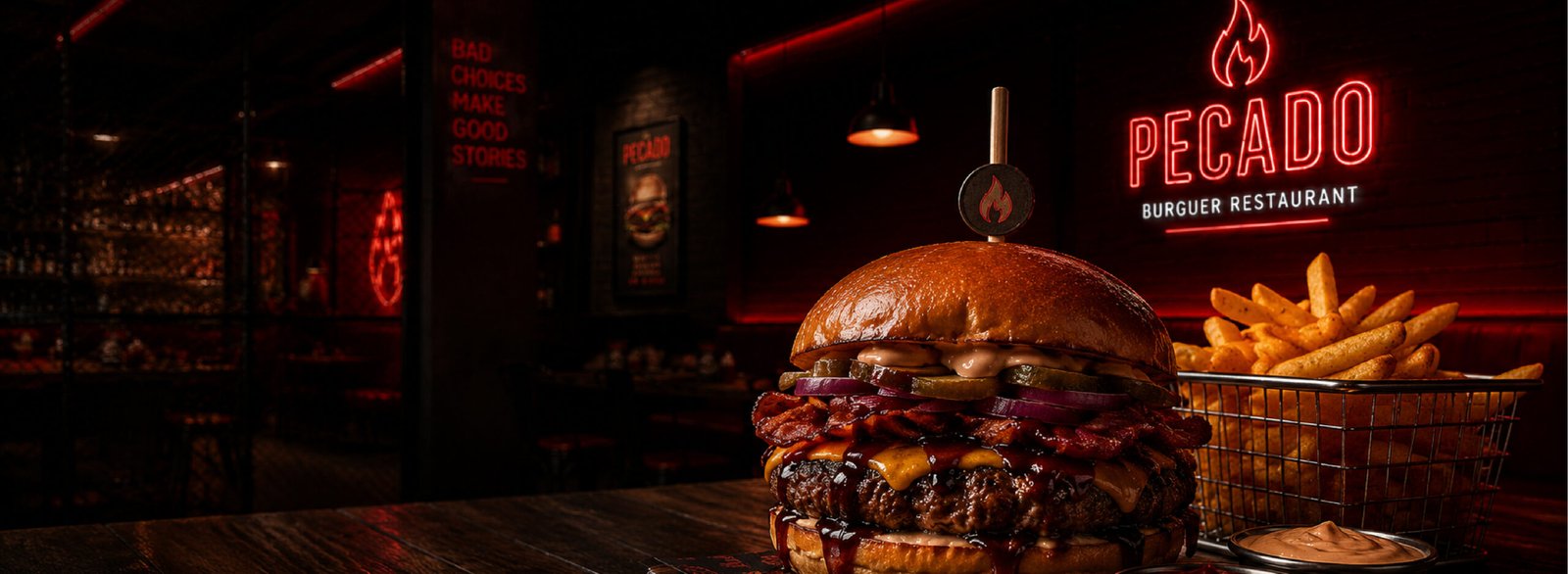 hamburguesa gourmet con bacon y queso en primer plano junto a patatas fritas, con el fondo oscuro y un cartel de neón rojo brillante del restaurante Pecado.
