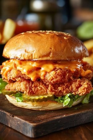 Hamburguesa de pollo frito crujiente estilo sureño en pan brioche con abundante salsa cremosa de color naranja, rodajas de pepinillo y lechuga, servida sobre una tabla de madera.